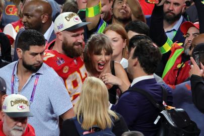 Taylor Swift Wears Travis Kelce’s Jacket at Super Bowl Victory Party