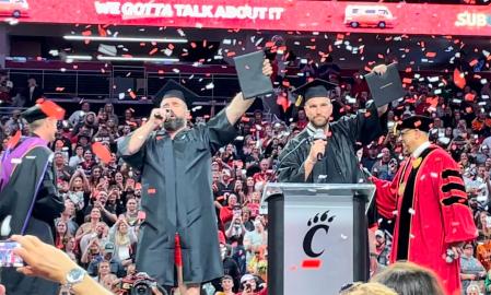 Travis Kelce Chugs a Beer to Celebrate Getting UC Diplomas With Jason