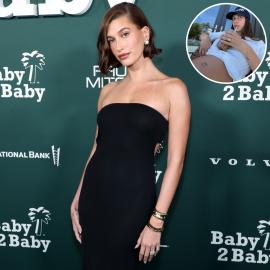 Hailey Bieber Shows Off Baby Bump in Tight and Sheer Lace Dress: Photo