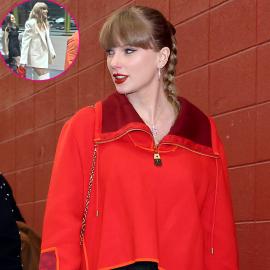 Taylor Swift Rocks White Blazer, 'T' Chain to Support Travis at Super Bowl