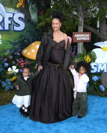 Pregnant Rihanna Beams Holding Hands With Her 2 Sons at 'Smurfs' Premiere